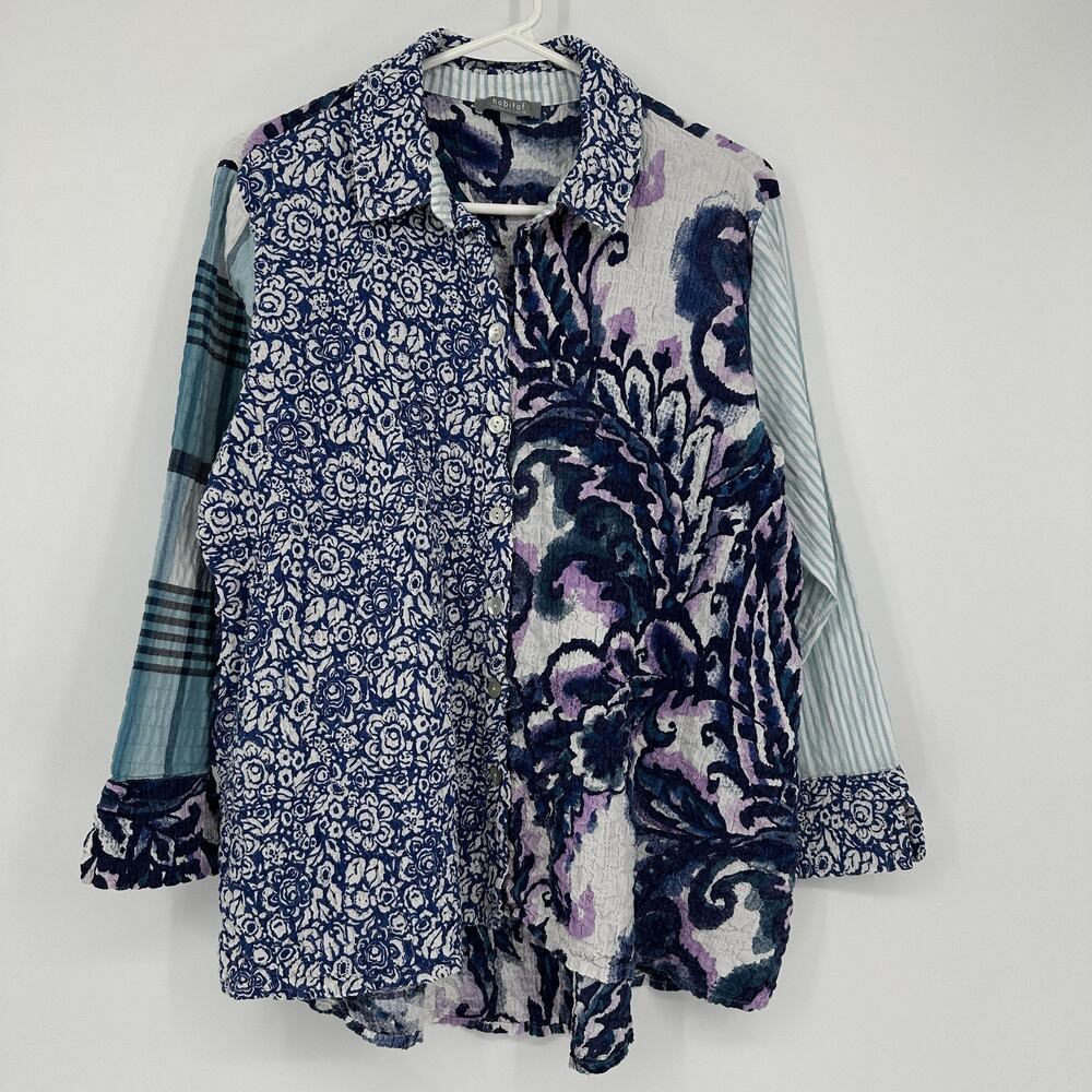 Habitat Shirt Womens Small Lagenlook Blue Purple Crinkle Patchwork Button Down